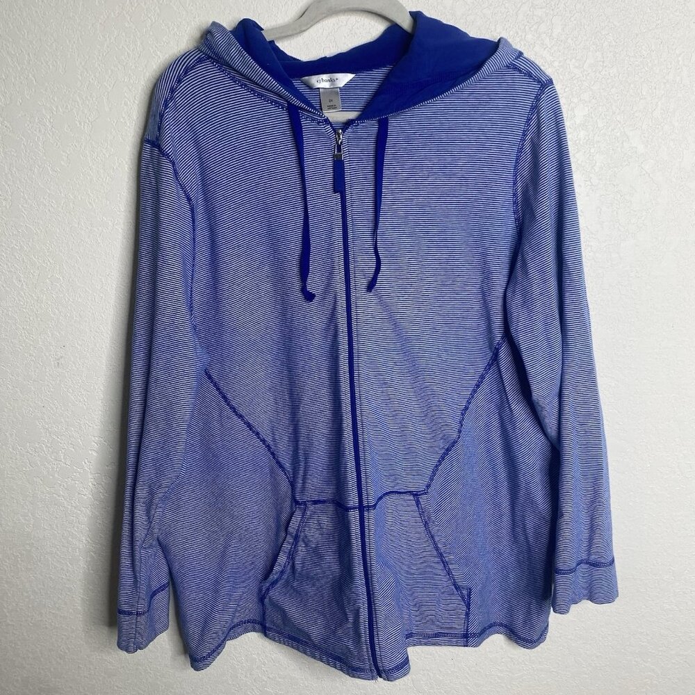 CJ Banks Hooded Jacket Womens 2X Blue White Striped Full-Zip Plus Size Coastal B